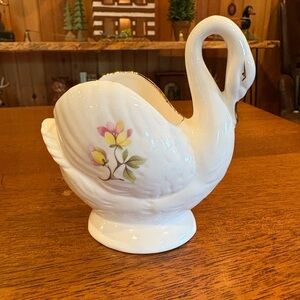 Swan hand-painted yellow crane and a pink water lily bone china planter